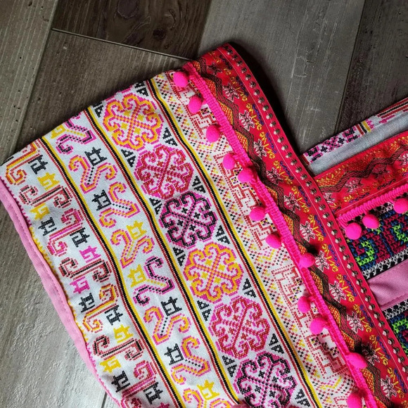 Pink Boho Thai Dress One Size Midi Tie Sides Embroidered Multi Color - Picture 8 of 16